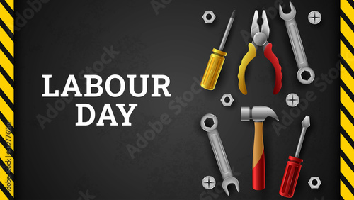 Happy Labour Day Background with Yellow Stripe and Tools
