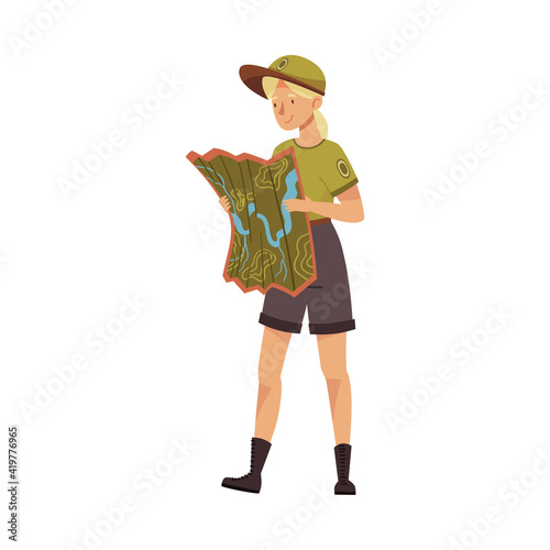 Blond Female as Park Ranger in Khaki Cap and Shorts Examining Map of Local Area Vector Illustration