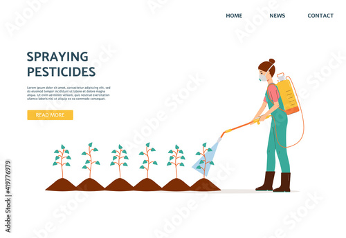 Spraying pesticides website with farmer spraying pesticide, vector illustration.