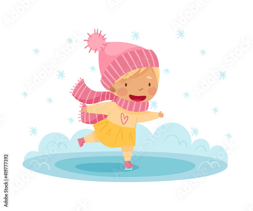 Happy Girl in Scarf and Knitted Hat Ice Skating Enjoying Winter Vector Illustration