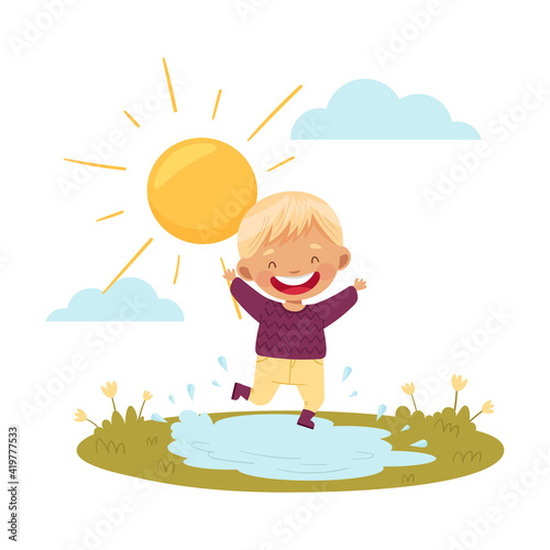 Cute Boy in Rubber Boots Jumping in Puddle Enjoying Spring Warm Sun Vector Illustration