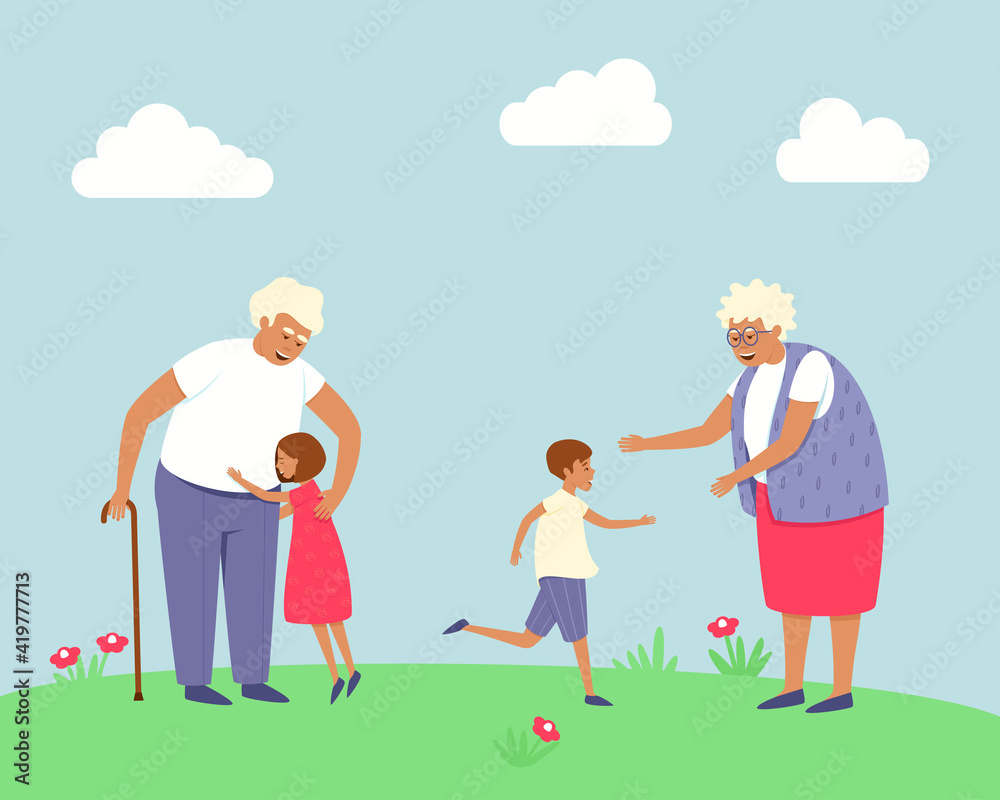 Happy grandparents met their grandchildren. The children are glad that they saw their grandparents. Spring and summer seasons. Elderly people. Flat vector illustration.