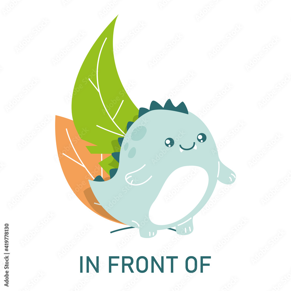 Cute Dinosaur Standing In Front Of The The Leaves Learning Preposition