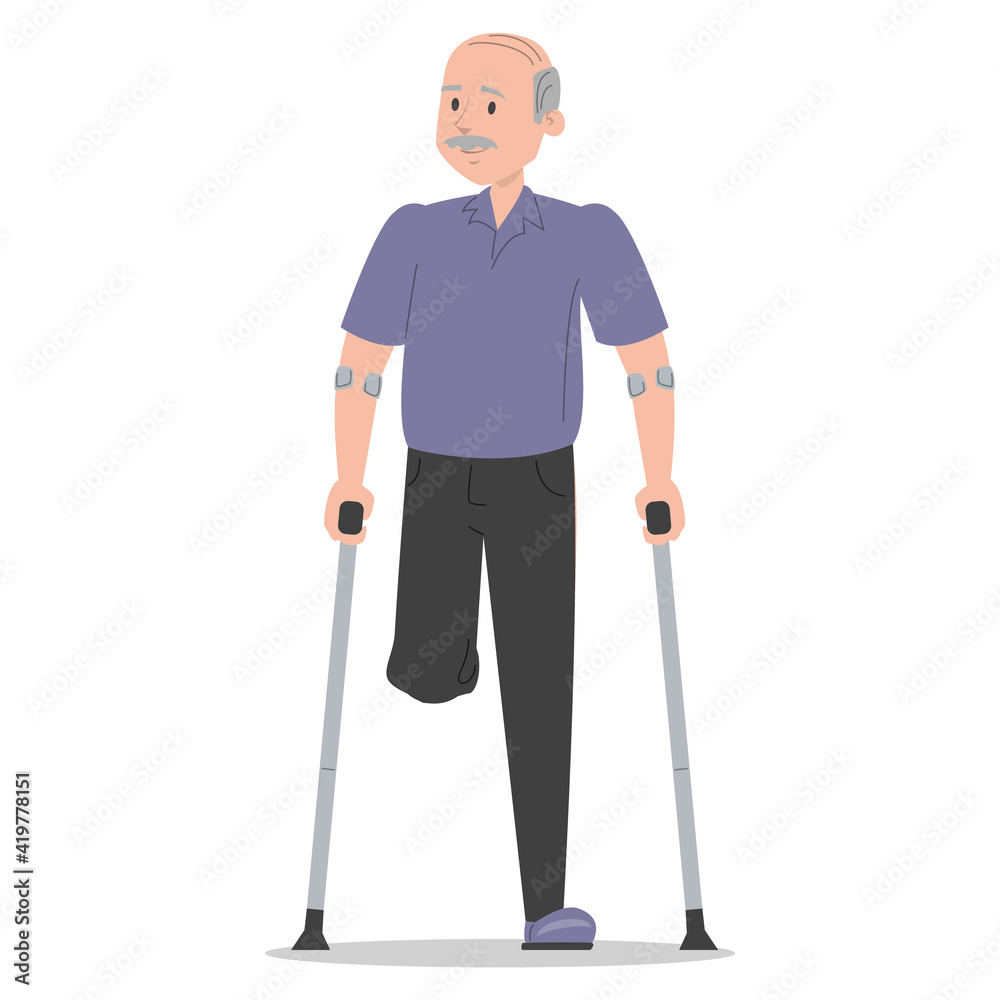 Senior man on crutches vector isolated. Injured man, amputated leg. Concept of people with disability. Handicapped grandfather. Injured person. Senior man on crutches vector isolated. Injured man, amputated leg. Concept of people with disability. Handicapped grandfather. Injured person.