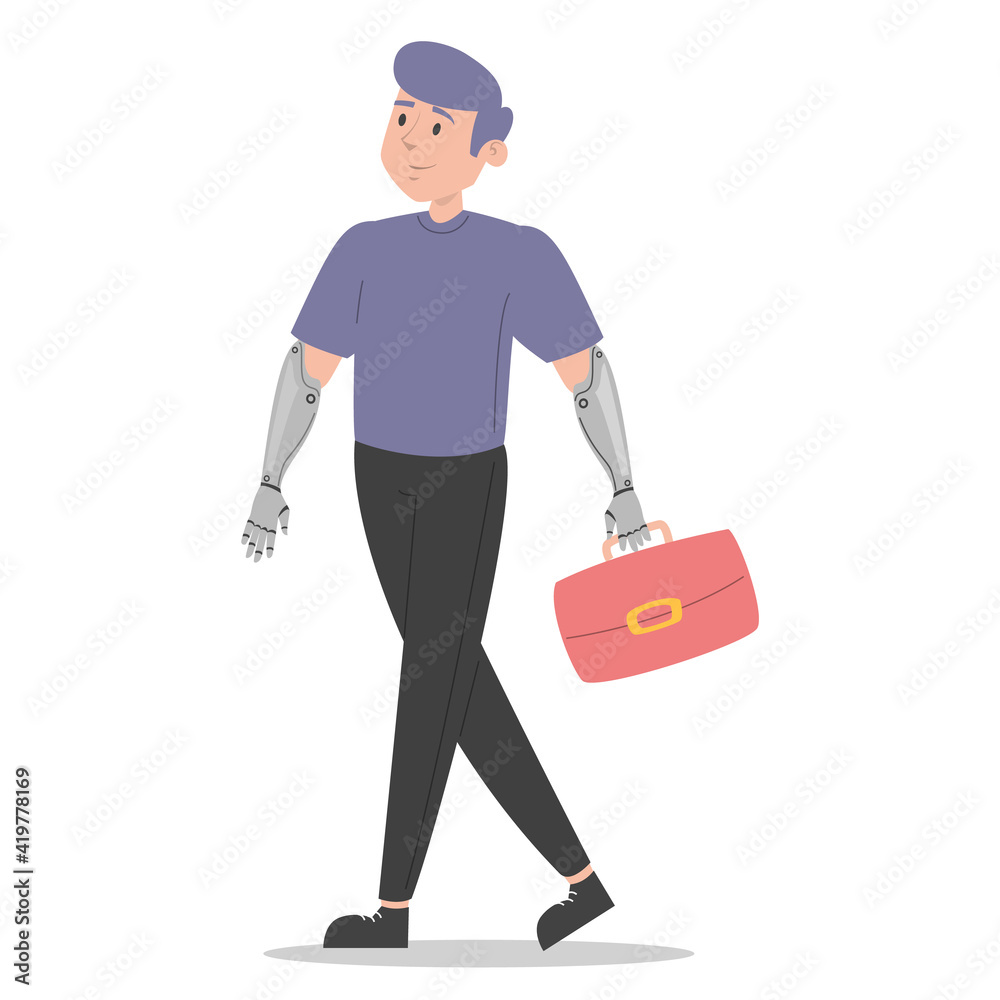 Man with prosthetic arms vector isolated. Bionic limbs, amputee male person. Concept of people with disability. Happy handsome man walking with artificial arms. Man with prosthetic arms vector isolated. Bionic limbs, amputee male person. Concept of people with disability. Happy handsome man walking with artificial arms.