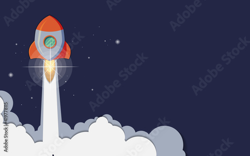 Rocket ship with space and stars on blue background. Flat icon. Vector illustration with flying shuttle. Space travel. Space rocket launch. New project start up concept. Creative idea.