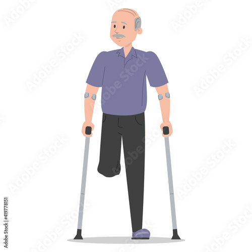 Senior man on crutches vector isolated. Injured man, amputated leg. Concept of people with disability. Handicapped grandfather. Injured person.