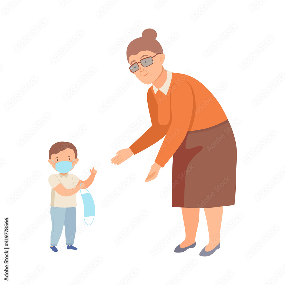 Little Boy in Face Mask Sharing Protective Mask with Senior Woman Vector Illustration