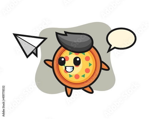 Pizza cartoon character throwing paper airplane