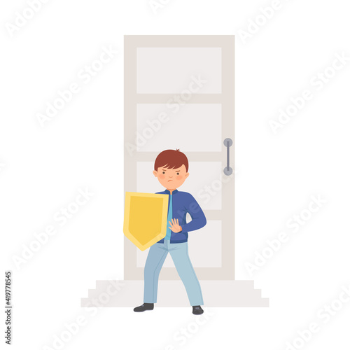 Cute Boy Character Standing with Shield Near His Home Door Protecting His Family Vector Illustration