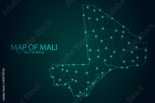 Map of Mali - With glowing point and lines scales on The Dark Gradient Background, 3D mesh polygonal network connections. Vector illustration eps10.