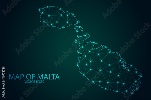 Map of Malta - With glowing point and lines scales on The Dark Gradient Background, 3D mesh polygonal network connections. Vector illustration eps10.