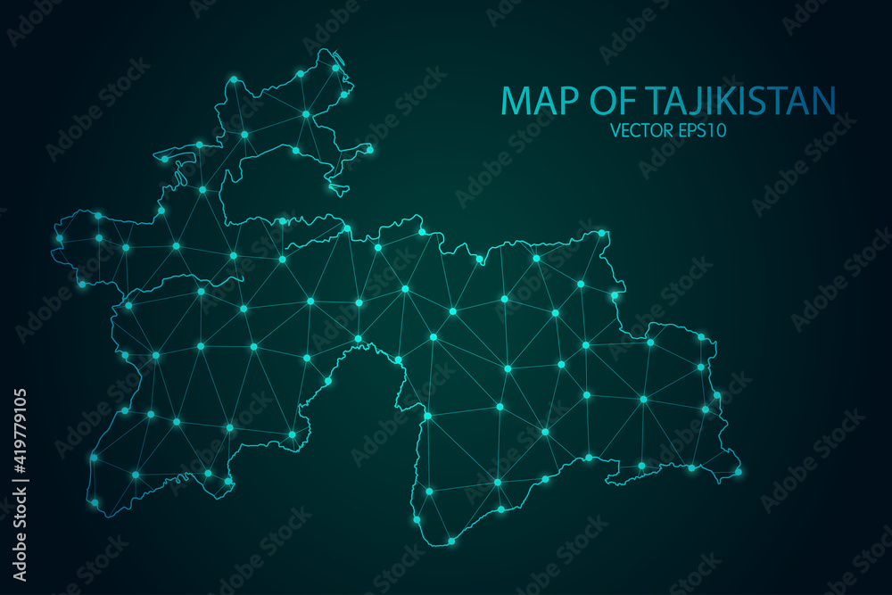 Map of Tajikistan - With glowing point and lines scales on The Dark Gradient Background, 3D mesh polygonal network connections. Vector illustration eps10.