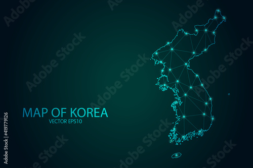 Map of Korea - With glowing point and lines scales on The Dark Gradient Background, 3D mesh polygonal network connections. Vector illustration eps10.