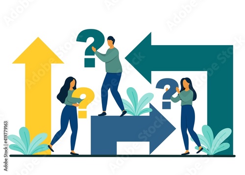 A group of people holding a question mark in their hands with direction arrows around. Decision making and work strategy concept. Flat style vector illustration.