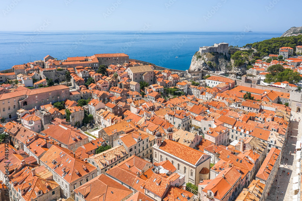 Aerial drone shot of Church of the Holy Annunciationin Dubrovnik old town in Croatia summer