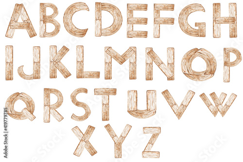 Watercolor alphabet. Wooden texture. Nature text elements for decoration, cards, invitation.