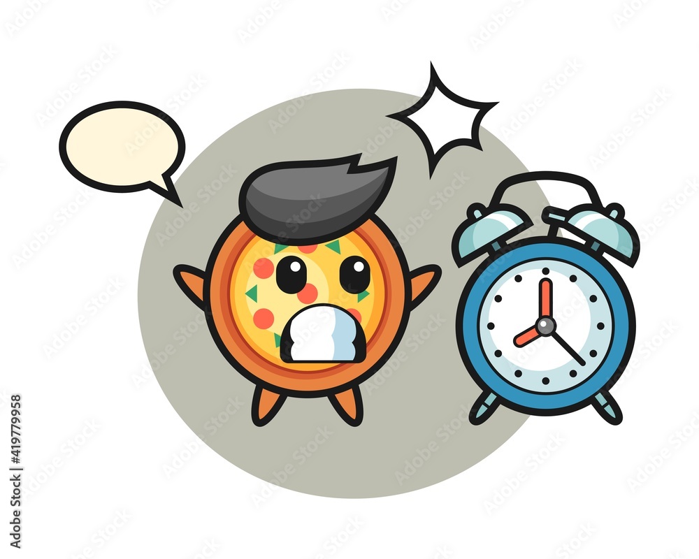 Cartoon illustration of pizza is surprised with a giant alarm clock Cartoon illustration of pizza is surprised with a giant alarm clock