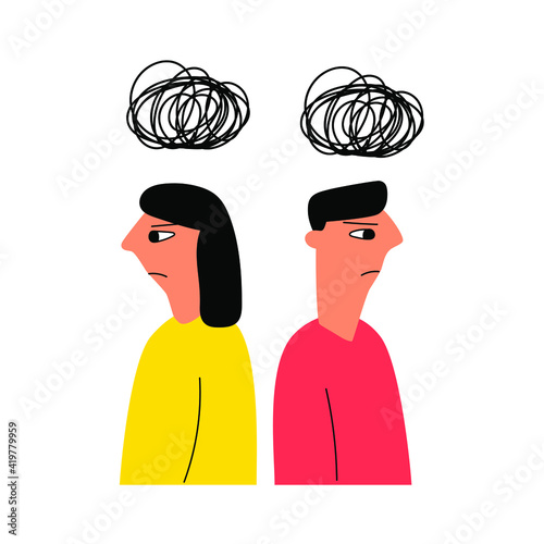 Man and woman have troubles in relationships. Vector illustration on white background.