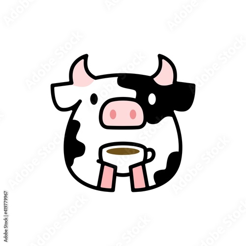 cute cow coffee tea cup drink cartoon logo vector icon illustration