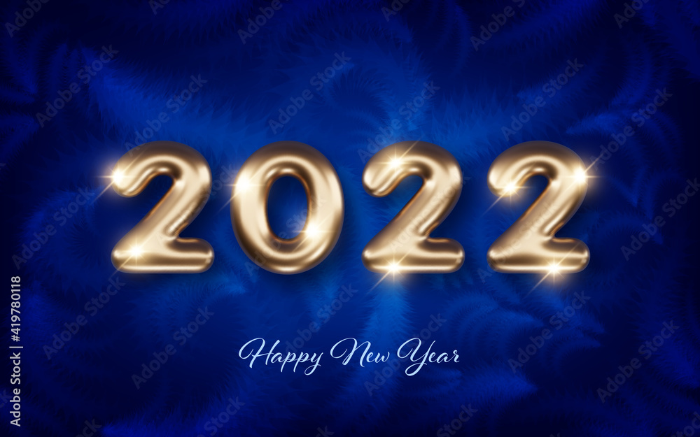 2022 New Year card template with golden 3d numbers on background of dark blue frozen window 2022 New Year card template with golden 3d numbers on background of dark blue frozen window