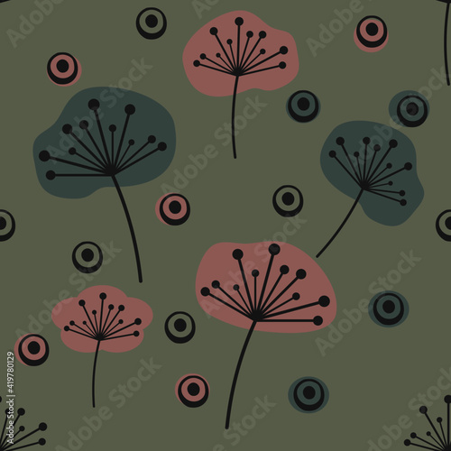 Earth colours parasol shaped plants with seeds seamless pattern
