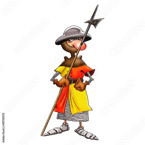 Cartoon medieval knight with a halberd. Illustration for design on a white background.