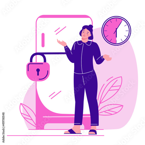 Fridge padlock. Watch dial. The woman shrugs. Don't eat after 6 pm, fasting. Healthy food concept. Vector illustration in flat style.