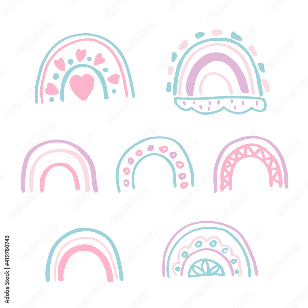 Set of rainbows in pastel colors. Cute doodle with rainbows. Images for the design of children's clothing, gift wrapping, postcards. Set of rainbows in pastel colors. Cute doodle with rainbows. Images for the design of children's clothing, gift wrapping, postcards.