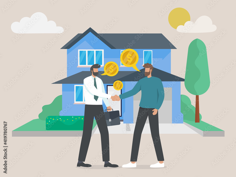Fototapeta premium Character Buying Mortgage House and Shaking Hands with Real Estate Agent, Invest Money in Real Estate Property.