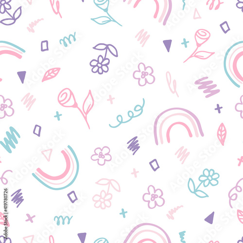 Seamless pattern with a rainbow. Cute doodle with rainbows. Seamless pattern for decoration of children s clothing  gift wrapping  postcards.