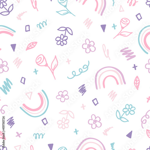 Seamless pattern with a rainbow. Cute doodle with rainbows. Seamless pattern for decoration of children's clothing, gift wrapping, postcards.