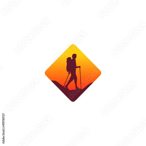 Silhouette of a climber with moon background, hiking logo vector 