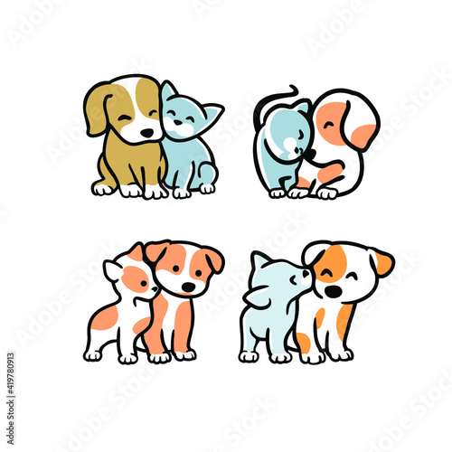 set of Cute funny cats and dogs logo, 
pets cartoon collection. Furry human friends home animals
