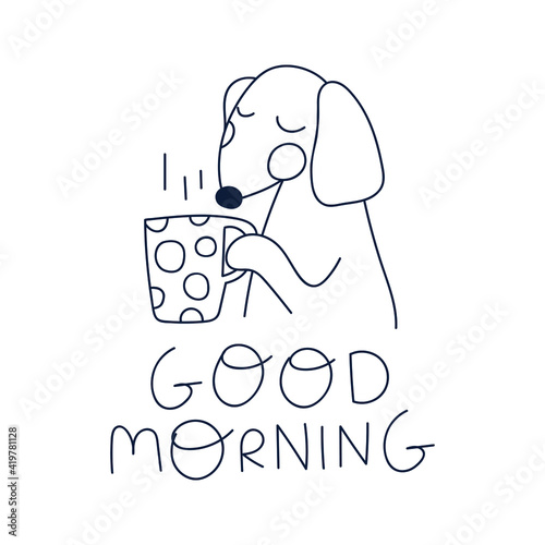 Cute dachshund drink coffee. Good morning. Outline vector illustration for greeting card, t shirt, print, stickers, posters design.  