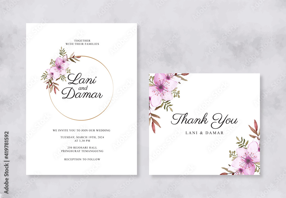 Minimalist wedding invitation card template with watercolor floral