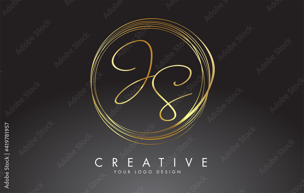 Handwritten JS J S Golden Letters Logo with a minimalist design. JS Icon with Circular Golden Circles. Handwritten JS J S Golden Letters Logo with a minimalist design. JS Icon with Circular Golden Circles.