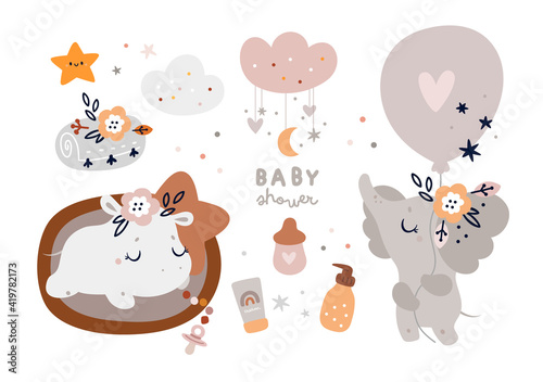 Little baby animals. Childish collection with cute baby animals characters: hippo and elephant. Vector cartoon doodle elements for the design of children's things. Baby shower hand drawn illustration 