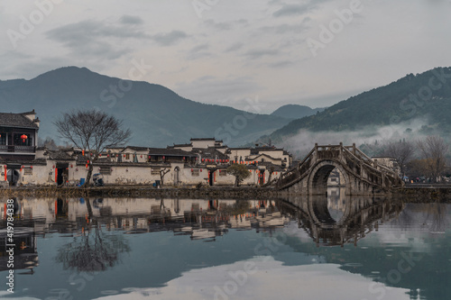 Hongcun village, a traditonal Chinese village in Anhui province, on a rainy day. photo