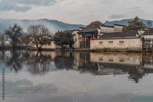 Hongcun village, a traditonal Chinese village in Anhui province, on a rainy day.