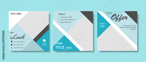 Clean social media templates pack with diagonal blue gradient background elements. Facebook posts for business with place for photos and offer.