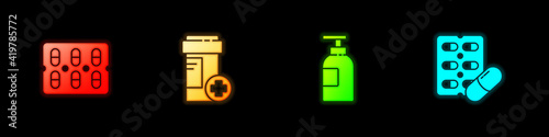 Set Pills in blister pack, Medicine bottle, Hand sanitizer and icon. Vector.