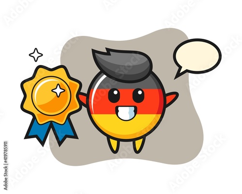 Germany flag badge mascot illustration holding a golden badge © heriyusuf