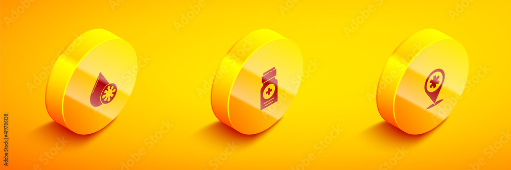 Set Isometric Blood test and virus, Medicine bottle and Map pointer with cross hospital icon. Vector. Set Isometric Blood test and virus, Medicine bottle and Map pointer with cross hospital icon. Vector.