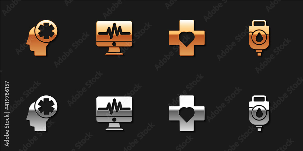 Set Male head with hospital, Monitor cardiogram, Heart cross and IV bag icon. Vector.