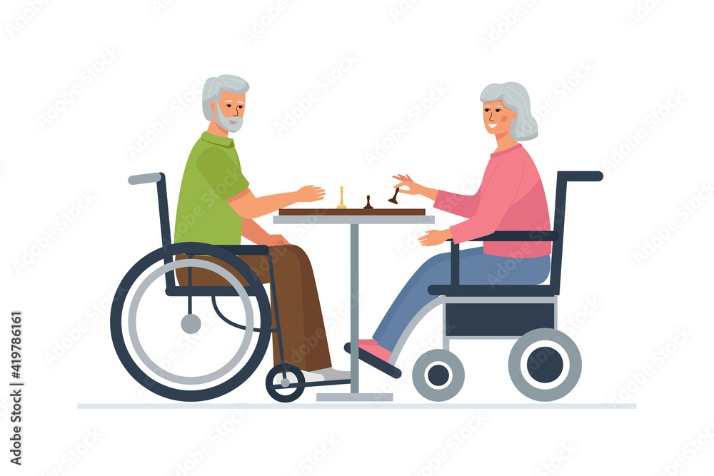 An elderly man and a woman in wheelchairs play chess. Pastime for the disabled. An elderly man and a woman in wheelchairs play chess. Pastime for the disabled.