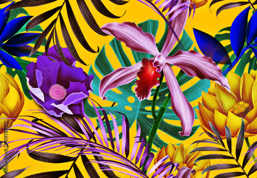 Seamless floral pattern with tropical flowers and leave. Template design for textiles, interior, clothes, wallpaper. Tropical floral illustration