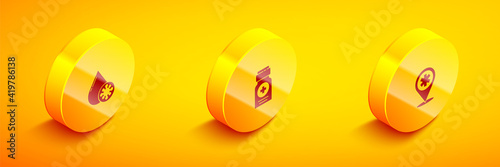 Set Isometric Blood test and virus, Medicine bottle and Map pointer with cross hospital icon. Vector.