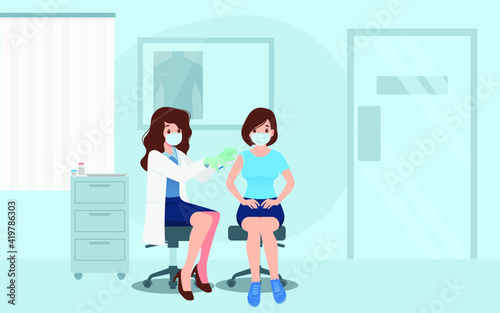 A doctor in a clinic giving a Coronavirus vaccine to a woman. Vaccination concept for immunity health. Virus prevention to medical treatment, process of immunization against covid-19 for people.