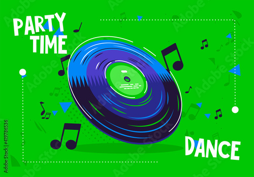 Vector illustration of retro vinyl disc for listening to disco music, disco time, disco banner template, musical notes